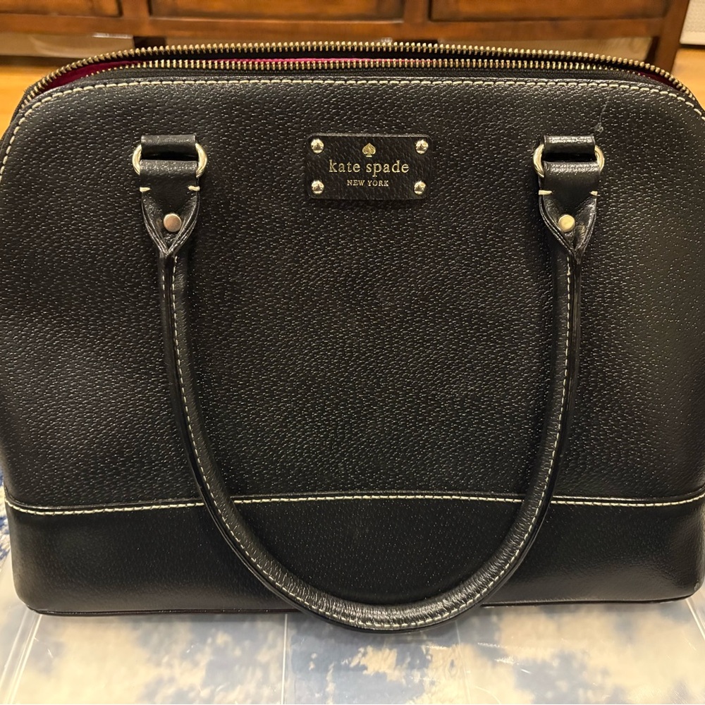 Kate Spade Black Leather Dome Satchel with Hot Pink Interior